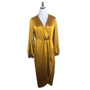 Worthington Dress Gold Satin Wrap Look V-Neck Full Sleeve New Size Small